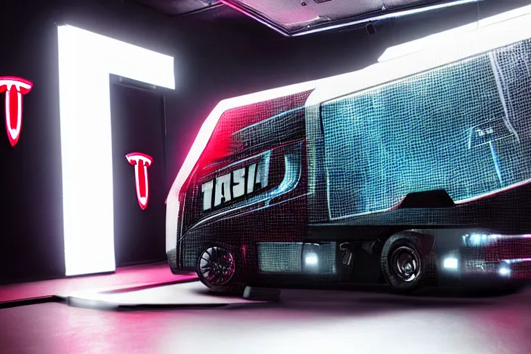 Image similar to a 2 8 mm closeup photo of a tesla cybertruck in a photo studio with a reflective floor, hyper detailed, smooth, high contrast, volumetric lighting, octane, greg rutkowski, ripley scott, synthwave, cinematic