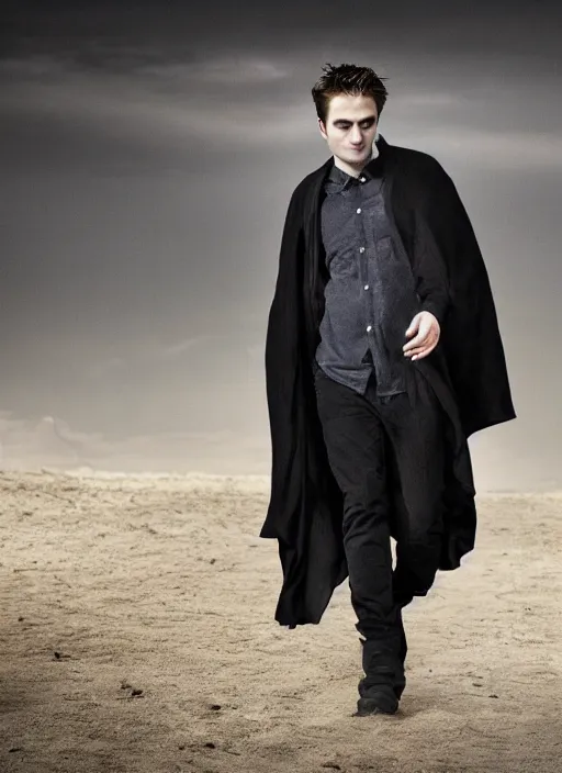 Image similar to well - shaven robert pattinson, black outfit, cape, in the style of robert pattinson, sandman, misty endless dream cinematic background, netflix sandman