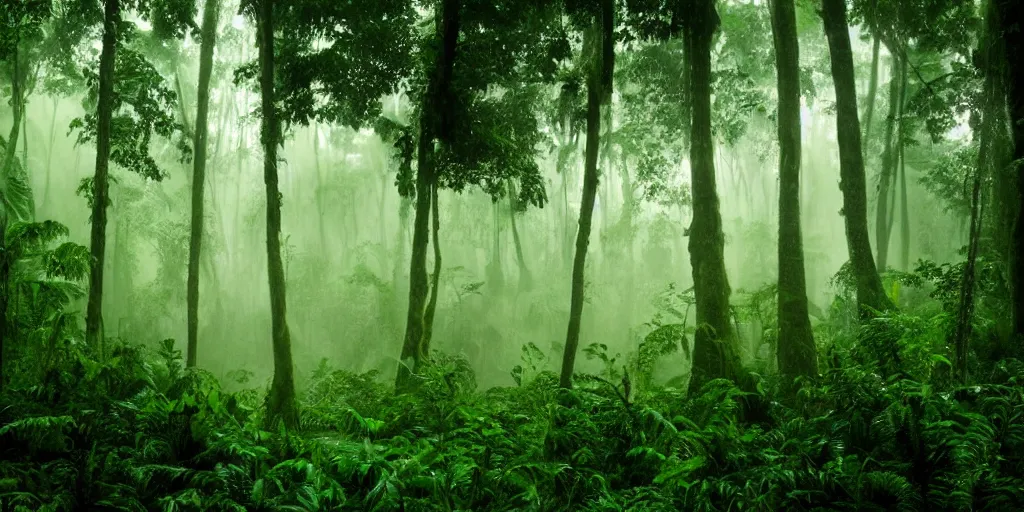 Image similar to ultra wide angle matte painting of a rainy, wet, very green congo forest, majestic!!! beautiful!!!, ethereal!!! ultra realistic, golden hour, volumetric lighting, sharp focus