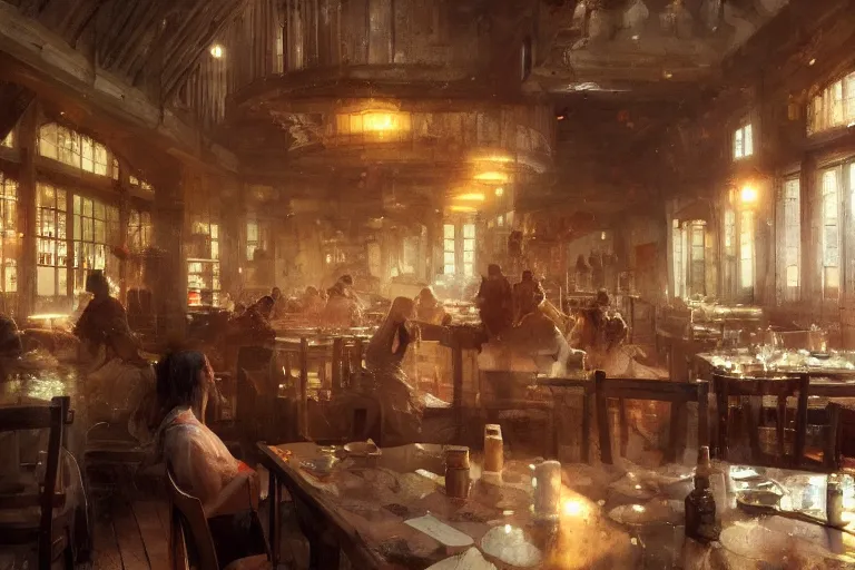 Image similar to A national geographic photo of the interior of an old inn restaurant filled with people by greg rutkowski, Trending on artstation