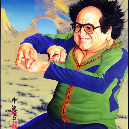 Prompt: a painting of danny devito posing in a scenic environment by hirohiko araki, jojos bizarre adventure cover art, trending on artstation