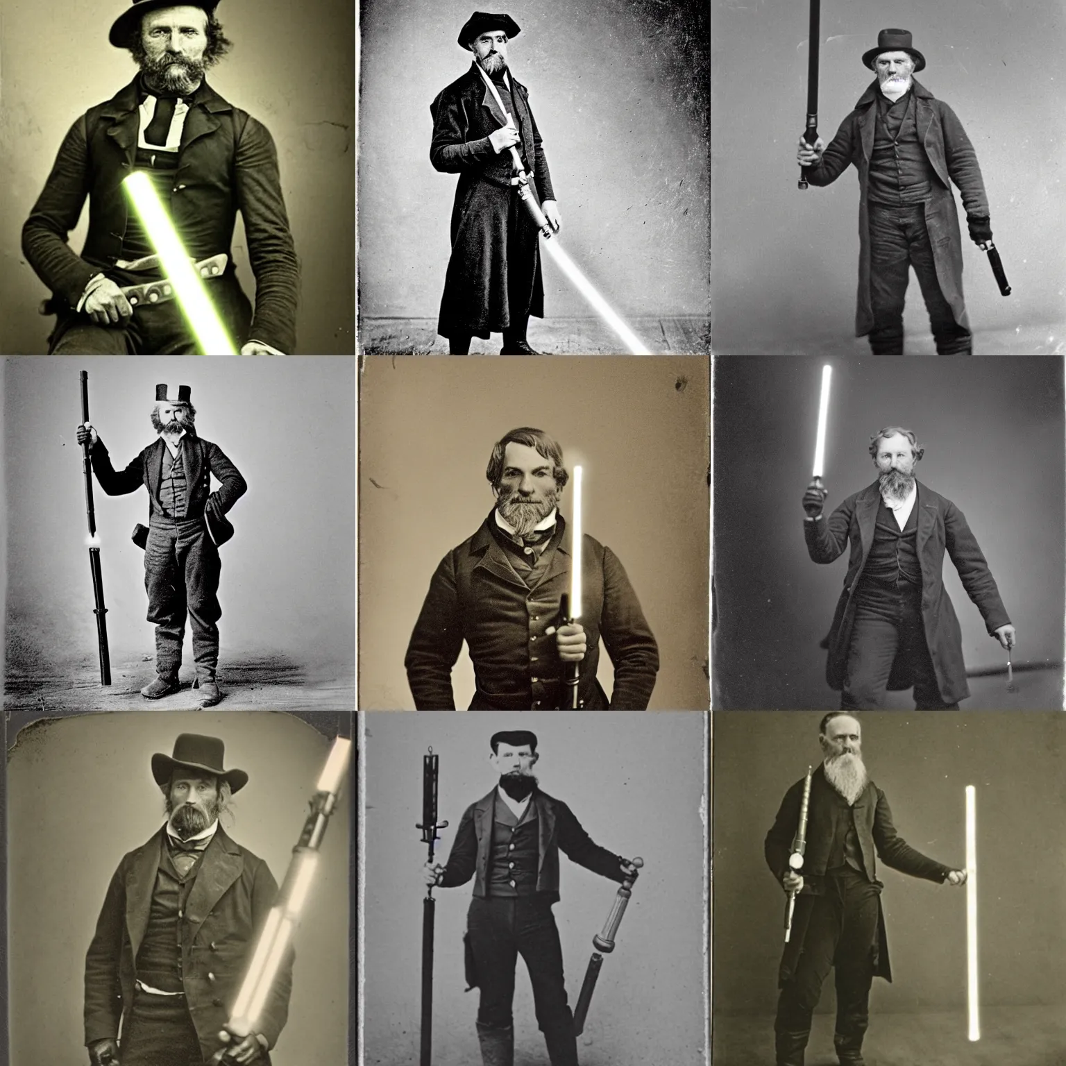 Prompt: photo from the 1850s of a farmer posing with his lightsaber