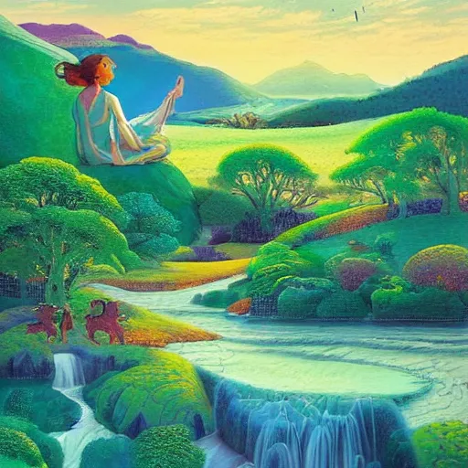 Image similar to A beautiful painting of of a landscape. It is a stylized and colorful view of an idyllic, dreamlike world with rolling hills, peaceful looking animals, and a flowing river. The scene looks like it could be from another planet, or perhaps a fairy tale. by Hsiao-Ron Cheng, by Paul Gustav Fischer improvisational