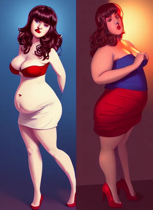 Image similar to full body portrait of teenage veronica lodge, obese, bangs, sultry, realistic, sultry smirk, wavy hair, red skirt, fat, belly, intricate, elegant, glowing lights, highly detailed, digital painting, artstation, concept art, smooth, sharp focus, illustration, art by wlop, mars ravelo and greg rutkowski