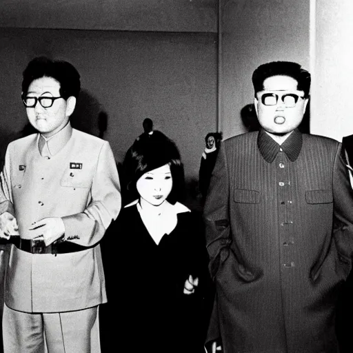 Image similar to rare vintage footage of Godzilla, Choi Eun-hee and Kim Jong-il, obscured underexposed view