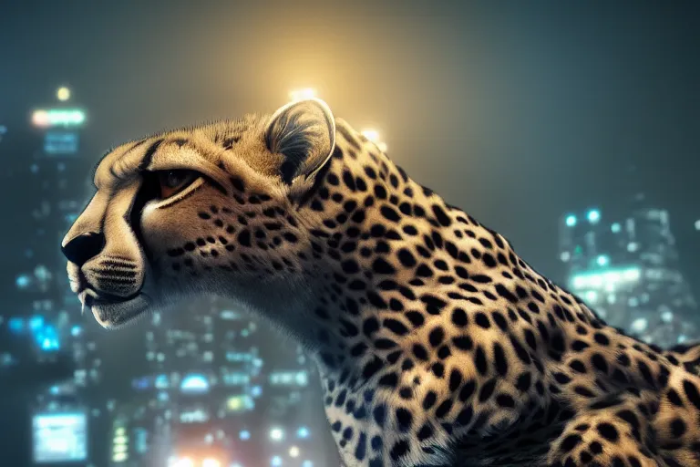 Prompt: wide angle shot of cybernetic cheetah, city lights, strong bokeh, dramatic, cinematic, high contrast, octane render, cgsociety, artstation, 4k