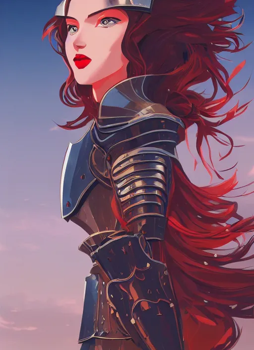 Image similar to a young woman in full plate armor with beautiful hair and red lips in a dramatic pose. she is a knight. clean cel shaded vector art. shutterstock. behance hd by lois van baarle, artgerm, helen huang, by makoto shinkai and ilya kuvshinov, rossdraws, illustration, art by ilya kuvshinov