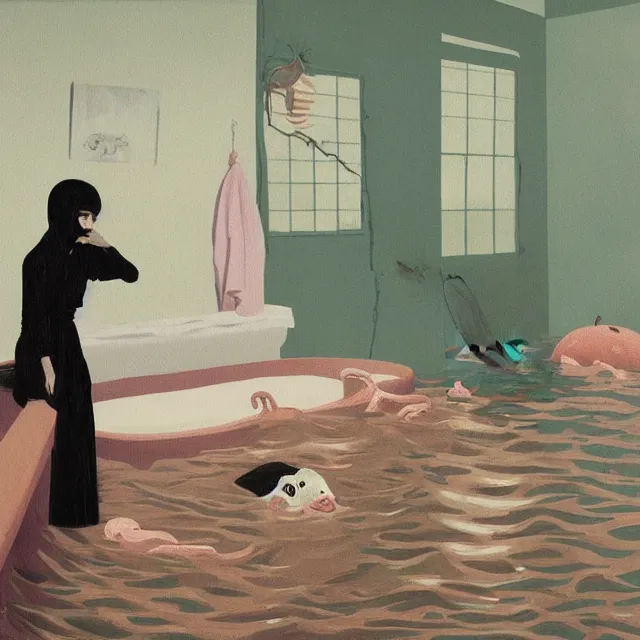 Image similar to tall female emo artist holding a pig in her flooded bathroom, octopus, water gushing from ceiling, painting of flood waters inside an artist's bathroom, a river flooding indoors, pomegranates, pigs, ikebana, water, octopus, river, rapids, waterfall, black swans, canoe, berries, acrylic on canvas, surrealist, by magritte and monet