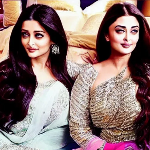 Image similar to a photo of aishwarya rai and kareena kapoor together in bed, hyper realistic, hyper detailed