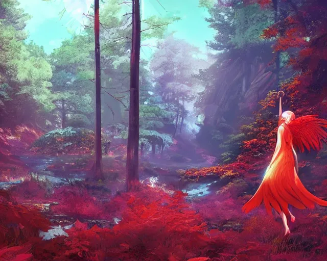 Prompt: a Phoenix girl with two red wings soaring though a forest, girl with feathers, sunlit, wide, trees, streams, matte painting, digital illustration, very vibrant colors, soft lighting, adventurous, atmospheric lighting, 8K, octane render. By Makoto Shinkai, Stanley Artgerm Lau, WLOP, Rossdraws, James Jean, Andrei Riabovitchev, Marc Simonetti, krenz cushart, Sakimichan, D&D trending on ArtStation, digital art.