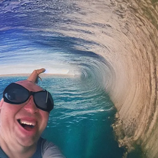 Image similar to selfi stick photography of an annoying tourist visiting atlantis during the catastrophic tilad wave, highly detailed, photorealistic