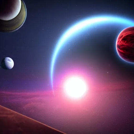 Image similar to The grand ending of an ominous era outside an exoplanet in space with a clear view of a spiral galaxy in splashes of red, purple and dark blue in unreal engine S- 69