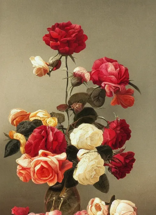 Image similar to detailed dutch still life painting of flowers and roses, sharp focus, dark background