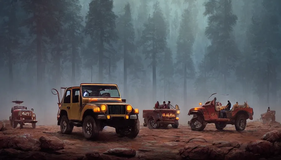 Image similar to Mahindra thar, tribe members watching nearby, an epic fantasy, dramatic lighting, cinematic, establishing shot, extremely high detail, photorealistic, cinematic lighting, artstation, by simon stalenhag, horizon forbidden west