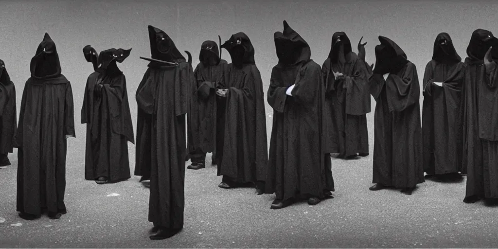 Prompt: black robed and hooded plague doctors in a circle calling forth satan, old film, 35mm film, found film, scary, ominous, frightening, ghastly, photorealistic