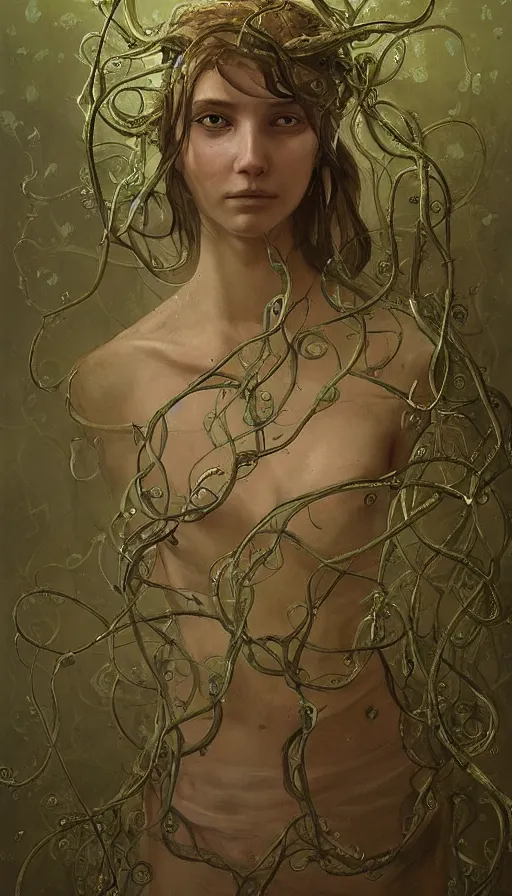 Image similar to very detailed portrait of a 2 0 years old girl surrounded by tentacles, the youg woman visage is blooming from fractal and vines, by jakub rozalski
