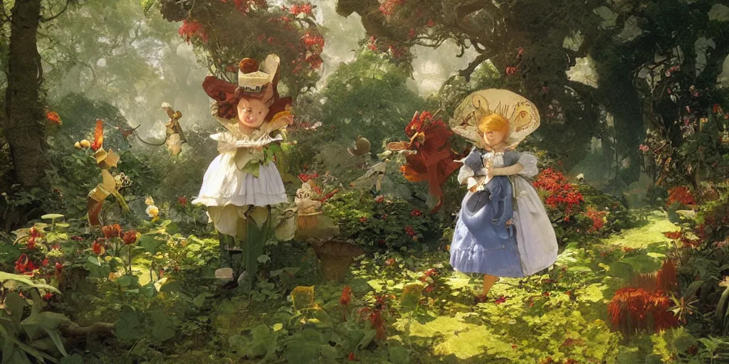 Image similar to alice in wonderland in the garden, john tenniel, normal rockwell, craig mullins, david curtis, carl spitzweg, morgan weistling, chris foss