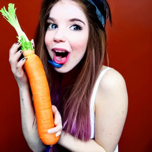 Image similar to fully clothed Belle Delphine licking a carrot