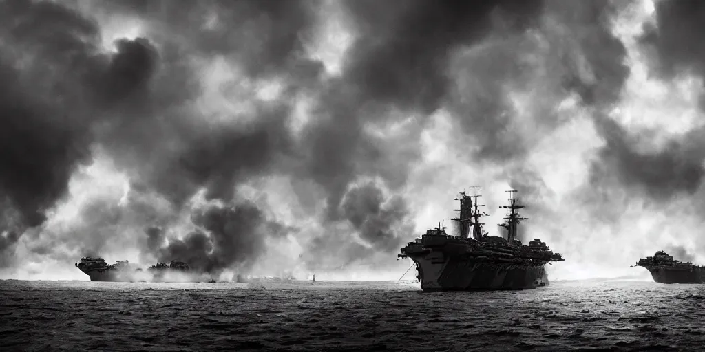 Prompt: naval duel between one steampunk battleship and one dieselpunk battleship, shots fired, clouds of smoke, medium long shot, 120 black and white film