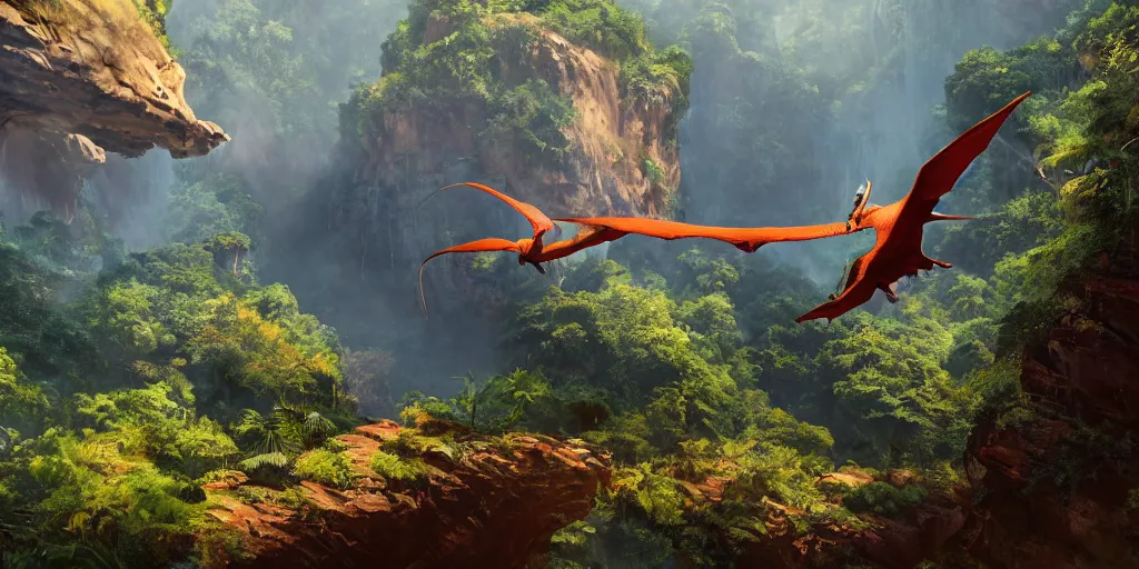 Image similar to wide angle view of swooping (orange red cerulean indigo) pterodactyl, over a deep canyon, mountainous jungle setting, trees, waterfall, river, rocks, dramatic lighting, highly detailed, artstation, unreal engine, matte painting in the style of craig mullins, Uncharted 4, fish eye lens, 8k HDR