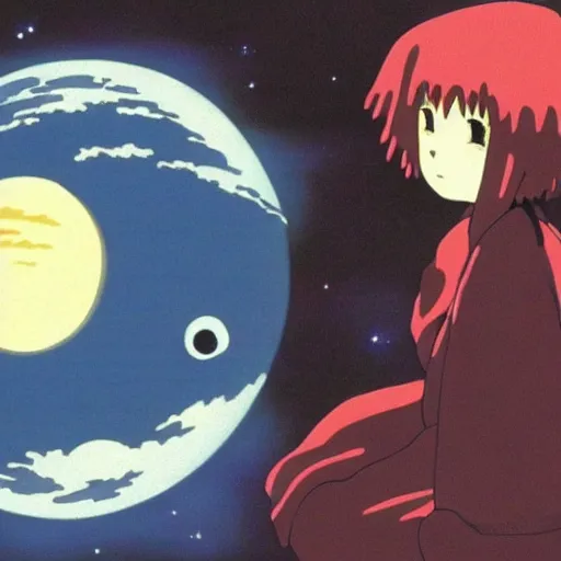 Image similar to Spirited away in space next to planet Saturn, anime, japan, studio Ghibli