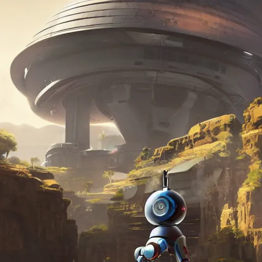 Image similar to friendly robot in front of a clean white sci-fi dome in a pleasant urban setting, peaceful, majestic, a sense of hope, in style of apex legends, art station, ultra hd, soft light, overhead sun, ultra hd, art station