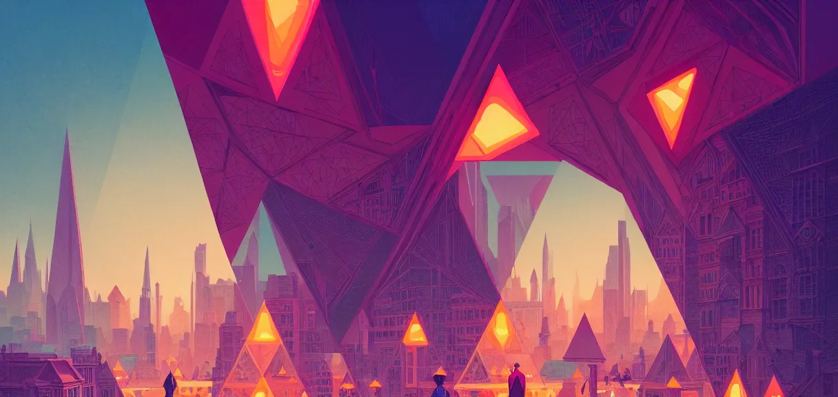 Prompt: symmetrical post - minimalism portrait of a magical triangle city, vibrant color scheme, highly detailed, in the style of romanticism, cinematic, artstation, moebius, junji ito, greg rutkowski