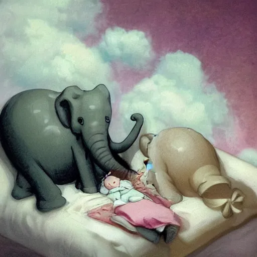 Prompt: “falling asleep with cute elephants made from clouds, illustration, detailed, smooth, pink white and green, by Adolf lachman, studio ghibli, Goya,”