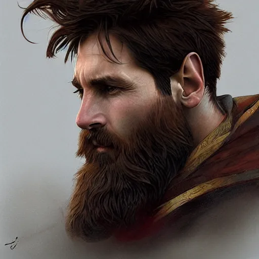 Image similar to Messi with a majestic beard, closeup, D&D, fantasy, intricate, elegant, highly detailed, digital painting, artstation, concept art, matte, sharp focus, illustration, art by Artgerm and Greg Rutkowski and Alphonse Mucha