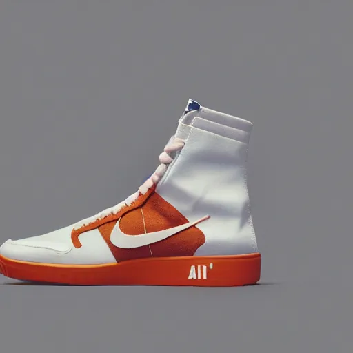 Image similar to a studio photoshoot of A floating Nike high top sneaker designed by Virgil Abloh, leather and suede, Off-White, realistic, color film photography by Tlyer Mitchell, 35 mm, graflex