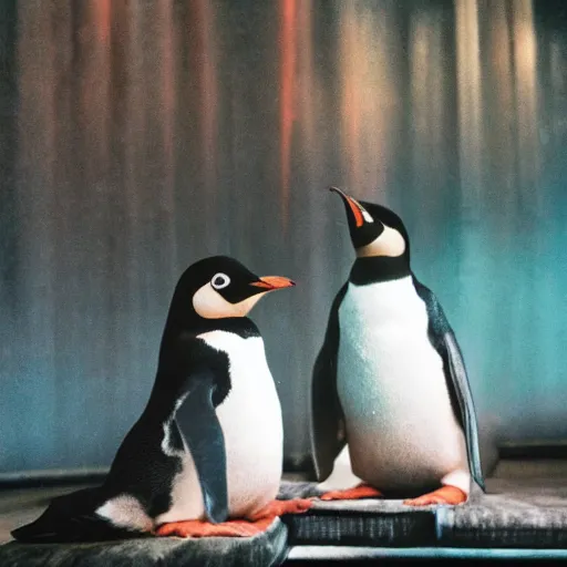 Image similar to two penguins in disco nightclub, ektachrome,