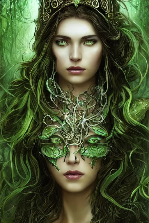 Prompt: a beautiful young woman, Vraska golgari queen, long flowing medusa hair, mostly green and leather pirate armor, young female face, vine like plants and jungle background, cinematic top lighting, insanely detailed and intricate, face by wlop, Charlie Bowater, golden ratio, symmetric, elegant, ornate, luxury, elite, matte painting, MTG, magic the gatheing, cinematic, cgsociety, 8k, high resolution