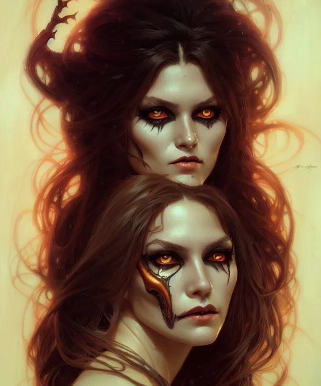 Image similar to Halloween woman portrait, sci-fi, amber eyes, face, long hair, fantasy, intricate, elegant, highly detailed, digital painting, artstation, concept art, smooth, sharp focus, illustration, art by artgerm and greg rutkowski and alphonse mucha