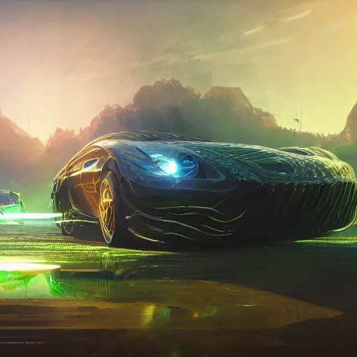 Image similar to solarpunk car, clean energy, green technology, highway, sunny day, futurism, intricate, glow, highly detailed, digital painting, artstation, concept art, smooth, sharp focus, epic landscape, art by akihiko yoshida and tim mcburnie and anato finnstark