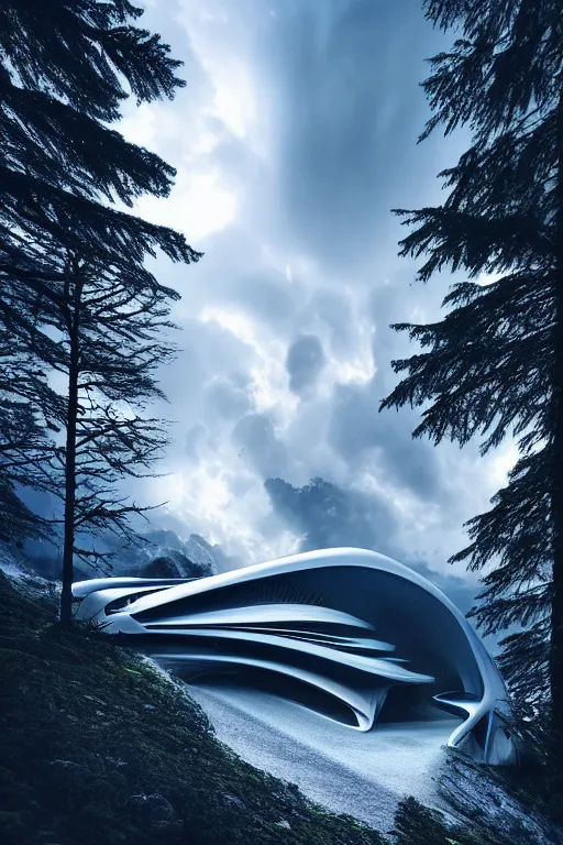 Prompt: a futuristic scene in front of a zaha hadid building in the forrest of the french alps in the style of chris moore, stormy moody weather, cinematic matte painting, extreme detail 8 k photo quality, pastel hues, snowfall, featured on behance