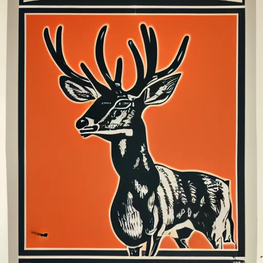 Image similar to propaganda Poster of a symmetric mechanical deer