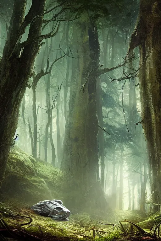 Image similar to scifi alien spaceship crashed in an ancient old forrest clearing, eeire mood, Dynamic lighting, cinematic, establishing shot, extremely high detail, photo realistic, cinematic lighting, , post processed denoised, concept design, concept art, artstation, matte painting, midjourney, style by alex ross, raphael lacoste, eddie mendoza