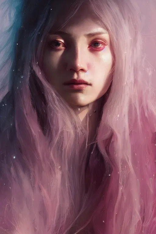 Image similar to a fancy portrait of a young women with long white hair and deep pink eyes by greg rutkowski, sung choi, mitchell mohrhauser, maciej kuciara, johnson ting, maxim verehin, peter konig, 8 k photorealistic, cinematic lighting, hd, high details, dramatic, atmosphereric, trending on artstation