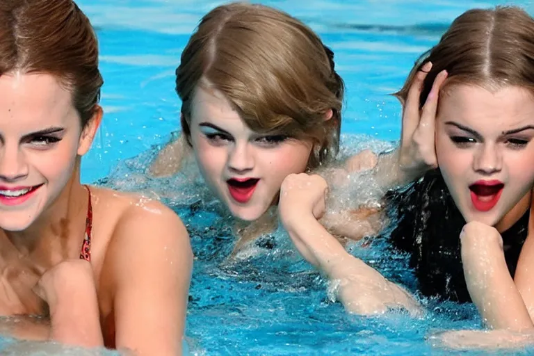 Image similar to emma watson and taylor swift and selena gomez swim together. perfect faces.