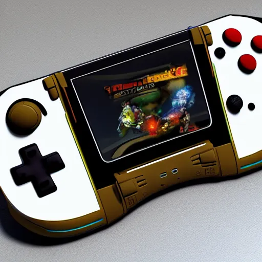 Prompt: futurist nintendo handheld console, 3 d concept, details, colored background