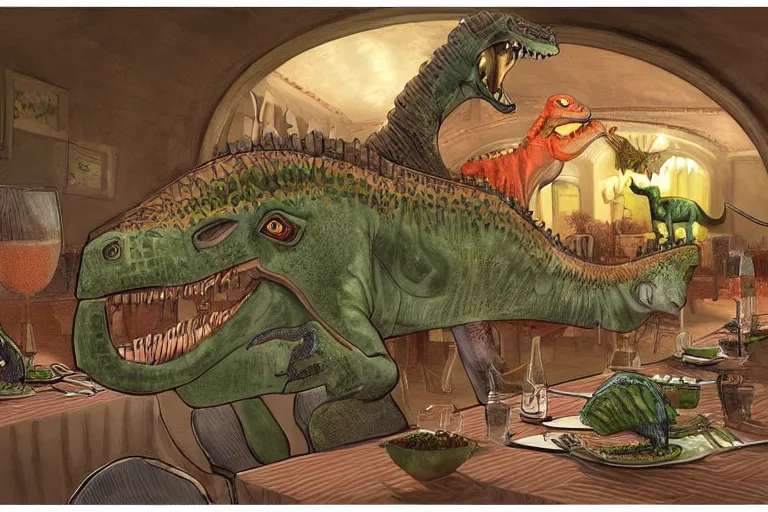 Image similar to a high quality highly detailed illustration of a dinosaur at a fancy dinner by mark teague, digital art, award winning childrens book