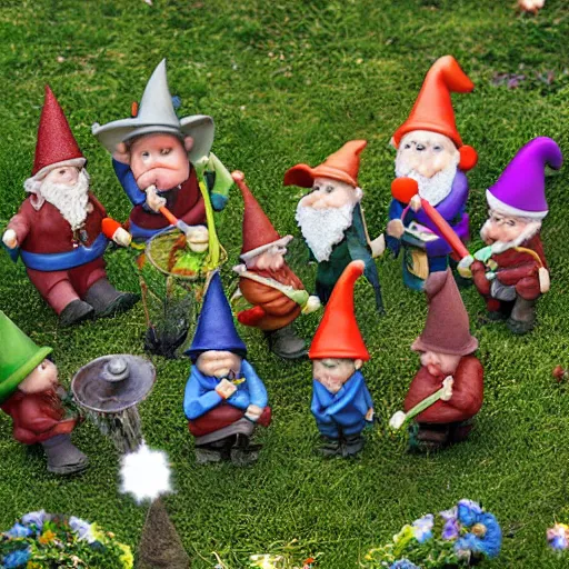 Image similar to garden gnomes bilbo's birthday party, gandalf, fireworks, frodo, pippin, merry, cute, tilt shift, award winning, highly textured