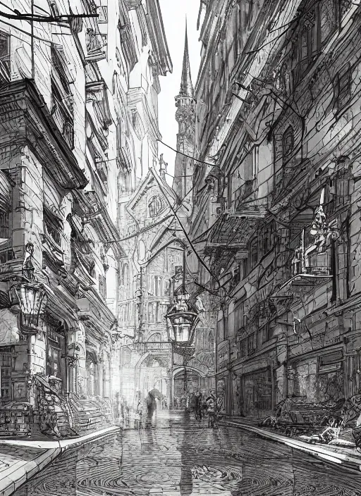 Image similar to Budapest , Dynamic lighting, cinematic, extremely high detail, photo realistic, cinematic lighting, pen and ink, intricate line drawings, post processed, concept art, artstation, matte painting, style by Paru Itagaki