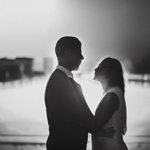 Image similar to a photo of a couple looking at each other in low light. it's so dark, you can barely make out their features.