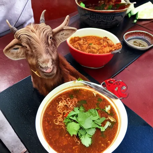 Image similar to a red goat eating pozole