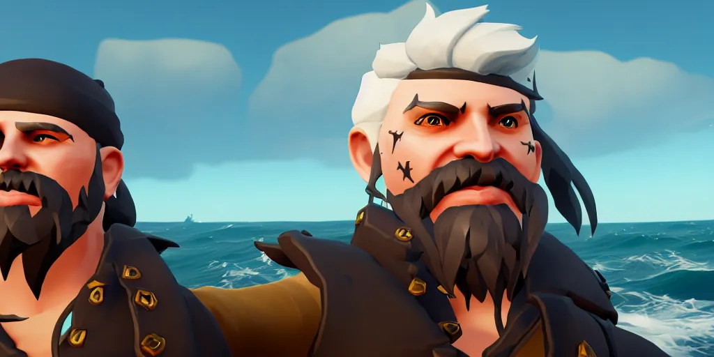 Image similar to selfie of a sea of thieves character with white beard, white hair, eye patch, sea of thieves screenshot, storm, unreal engine, digital art,