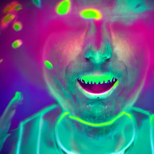 Prompt: underwater photo of a human-face fish with neon colors.