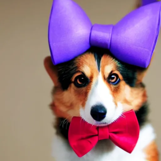 Image similar to a corgi wearing a purple party hat and a red bowtie, cinematic, ultra - hd