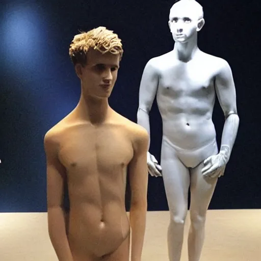 Image similar to “a realistic detailed photo of a guy who is an attractive humanoid who is half robot and half humanoid, who is a male android, British diver Jack Laugher & Chris Mears, shiny skin, posing like a statue, blank stare, at the museum, on display”