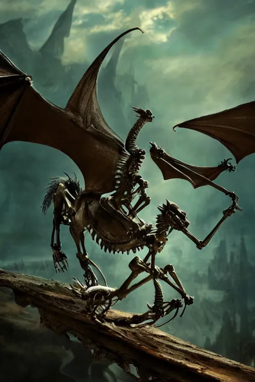 Image similar to A small tiny fairy, riding the skeleton of a dragon, dramatic lighting, cinematic, establishing shot, extremely high detail, foto realistic, cinematic lighting, post processed, concept art, high details, cinematic, 8k resolution, beautiful detailed, photorealistic, digital painting, artstation, concept art, smooth, sharp focus, artstation trending, octane render, unreal engine